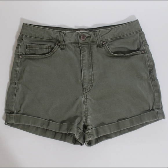 High-Waisted Olive Green Denim Shorts - Picture 1 of 5